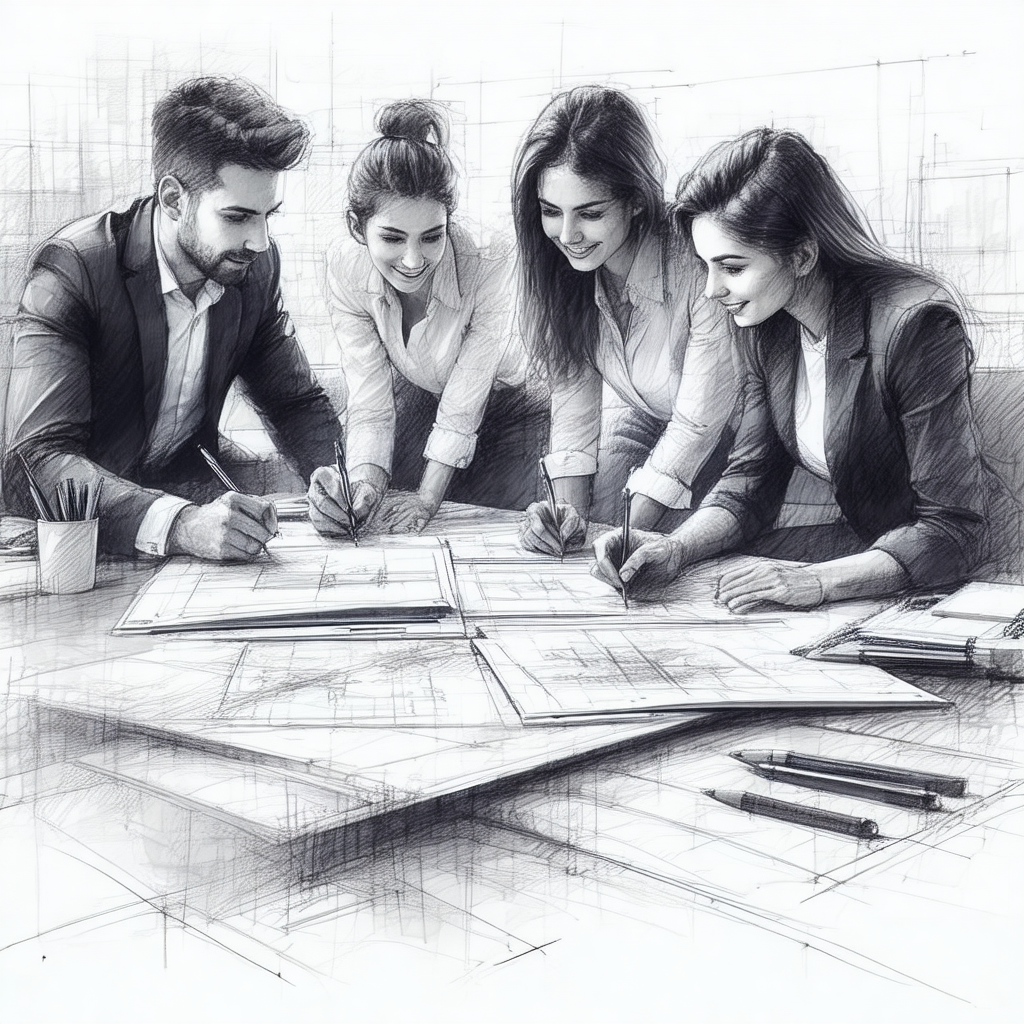 Group of four people sitting around a table, all of them ...