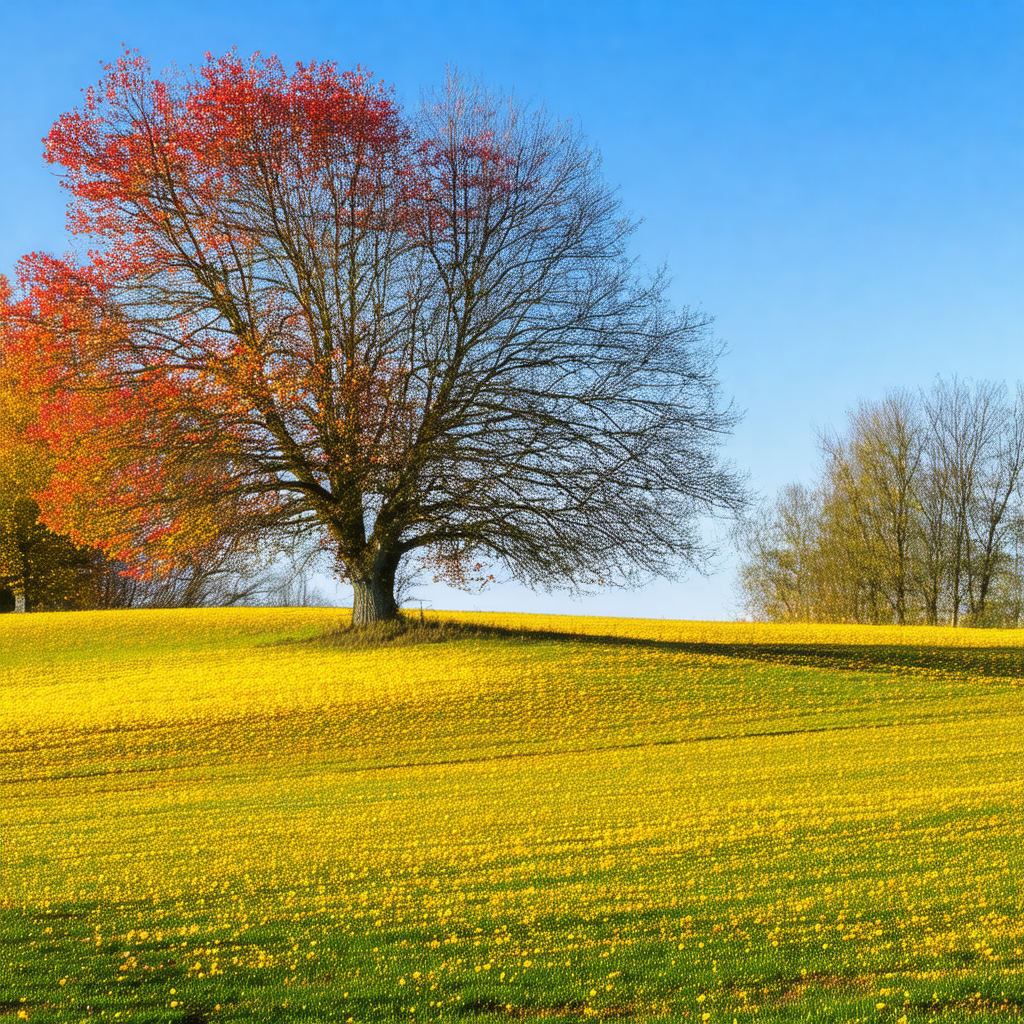 Beautiful, lush green field with a tree in the middle
