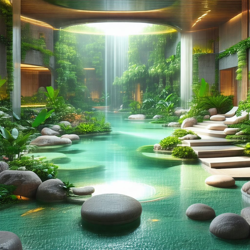 Beautiful, serene garden with a large, blue pool at its c...