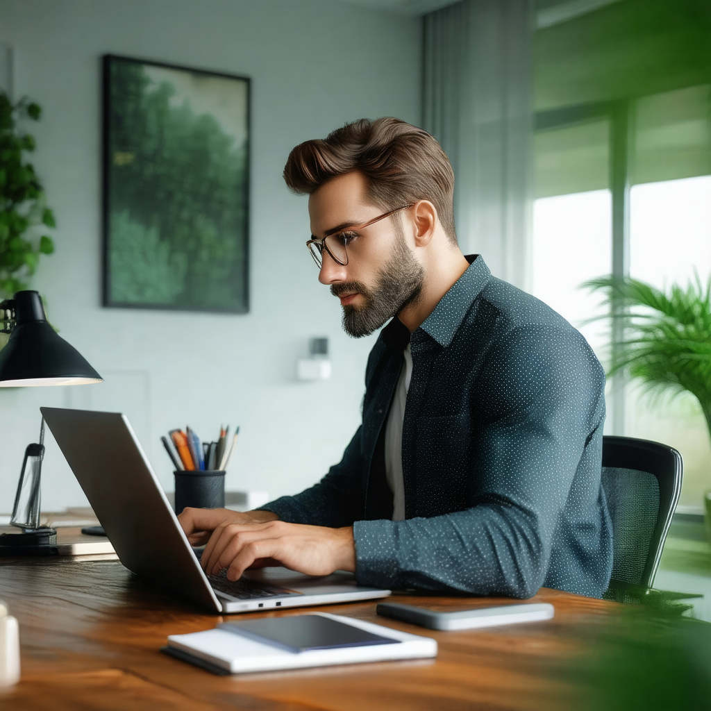 Man sitting at a desk, working on a laptop computer