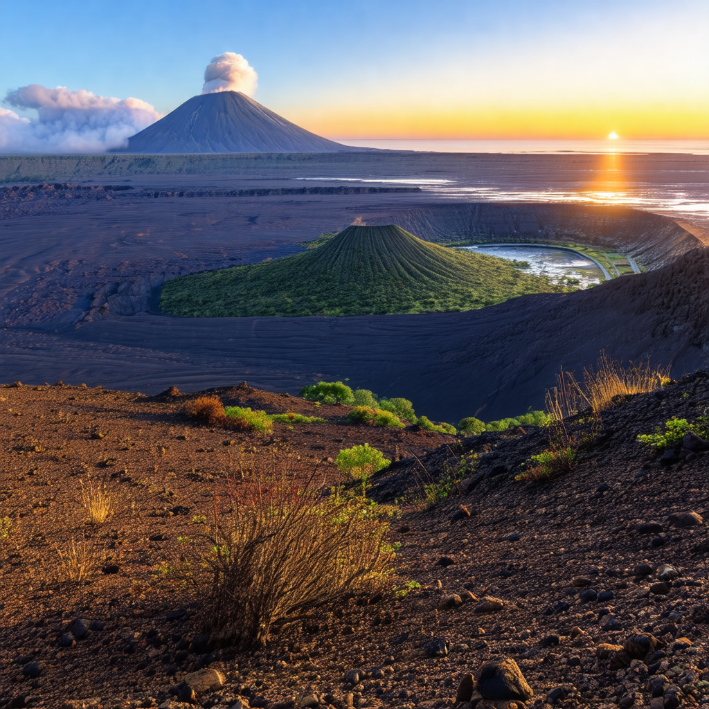 Beautiful landscape with a large volcano in the background