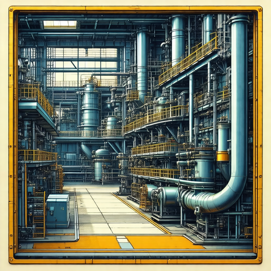 Detailed drawing of a factory, featuring a large industri...