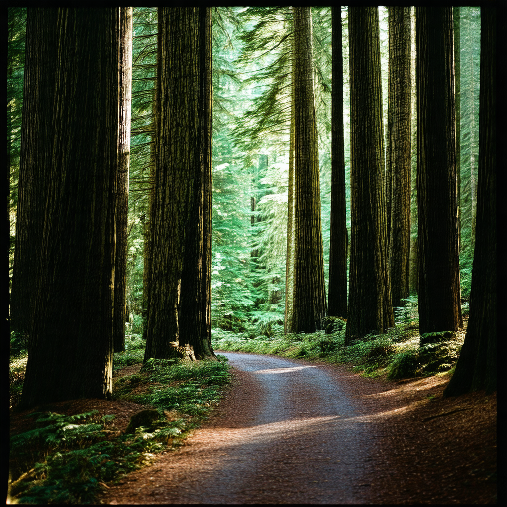 Lush forest filled with tall trees, creating a serene and...