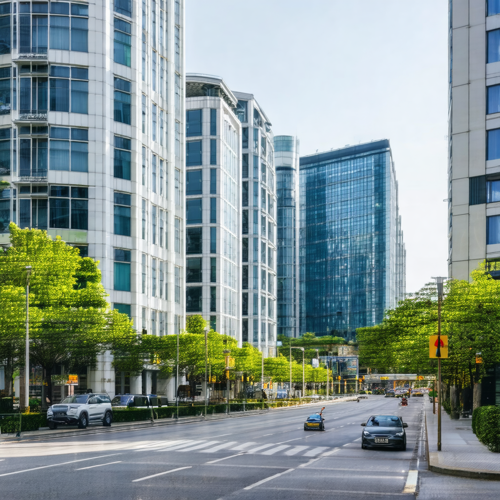 Busy city street with tall buildings on both sides