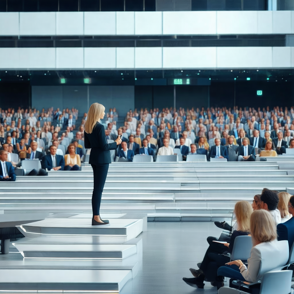 Woman standing on a stage in front of a large audience