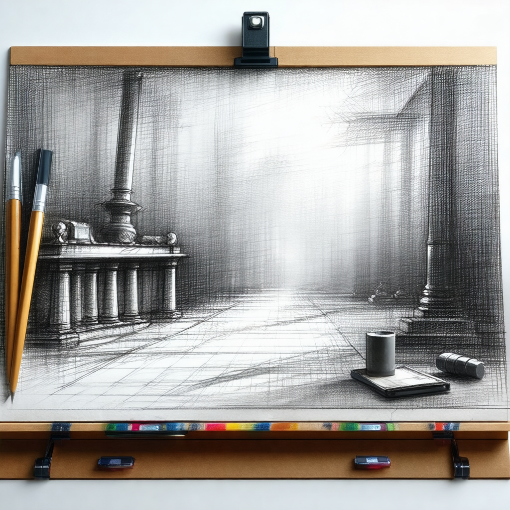 Drawing of a room with a large statue in the center