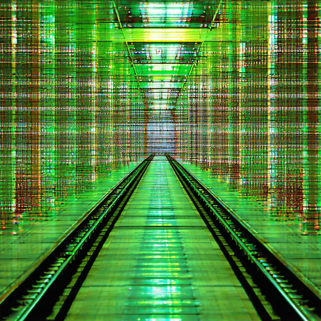 Long, narrow, and brightly lit tunnel with a green light ...