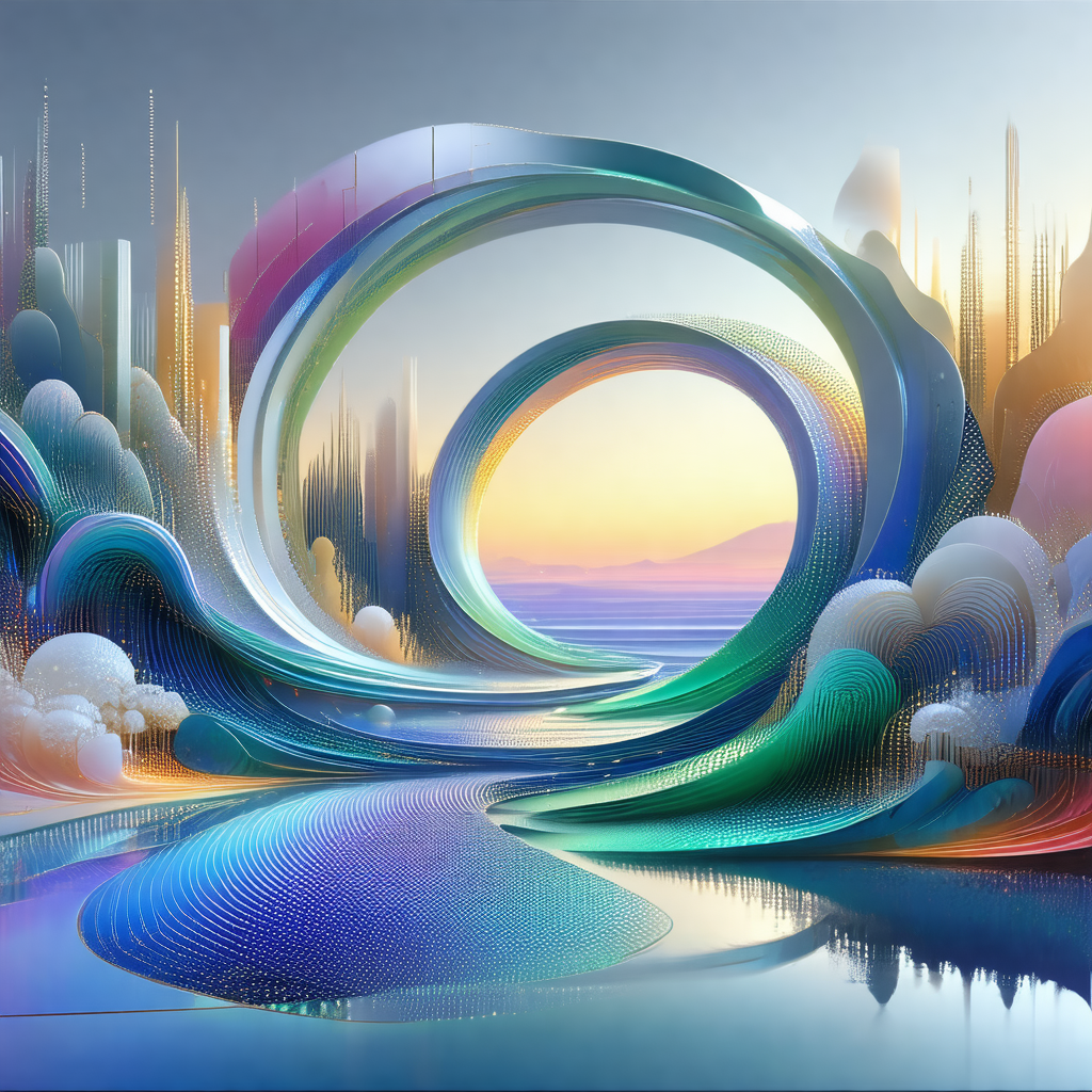 Futuristic cityscape with a large, curved building as the...