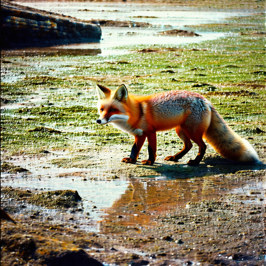 Small red fox walking across a wet, muddy field