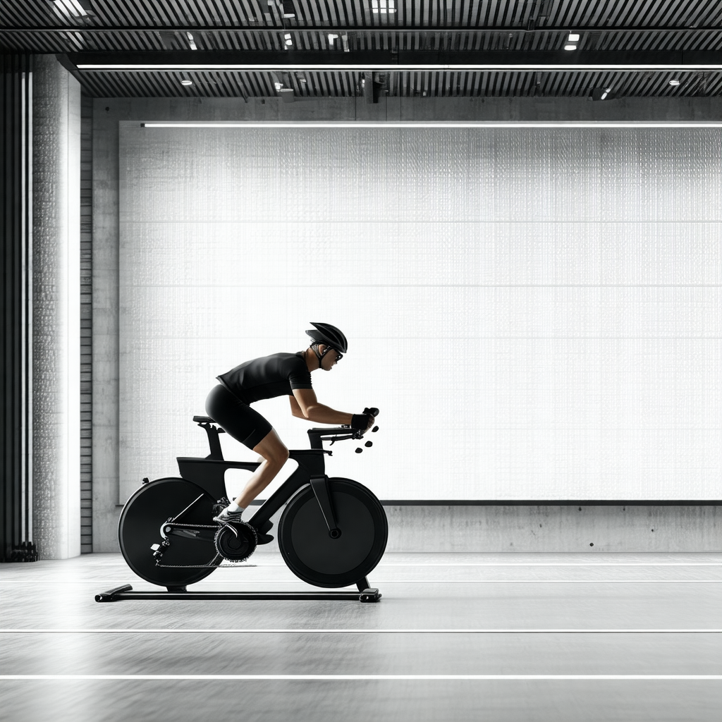 Man riding a bicycle indoors, likely in a gym or a simila...