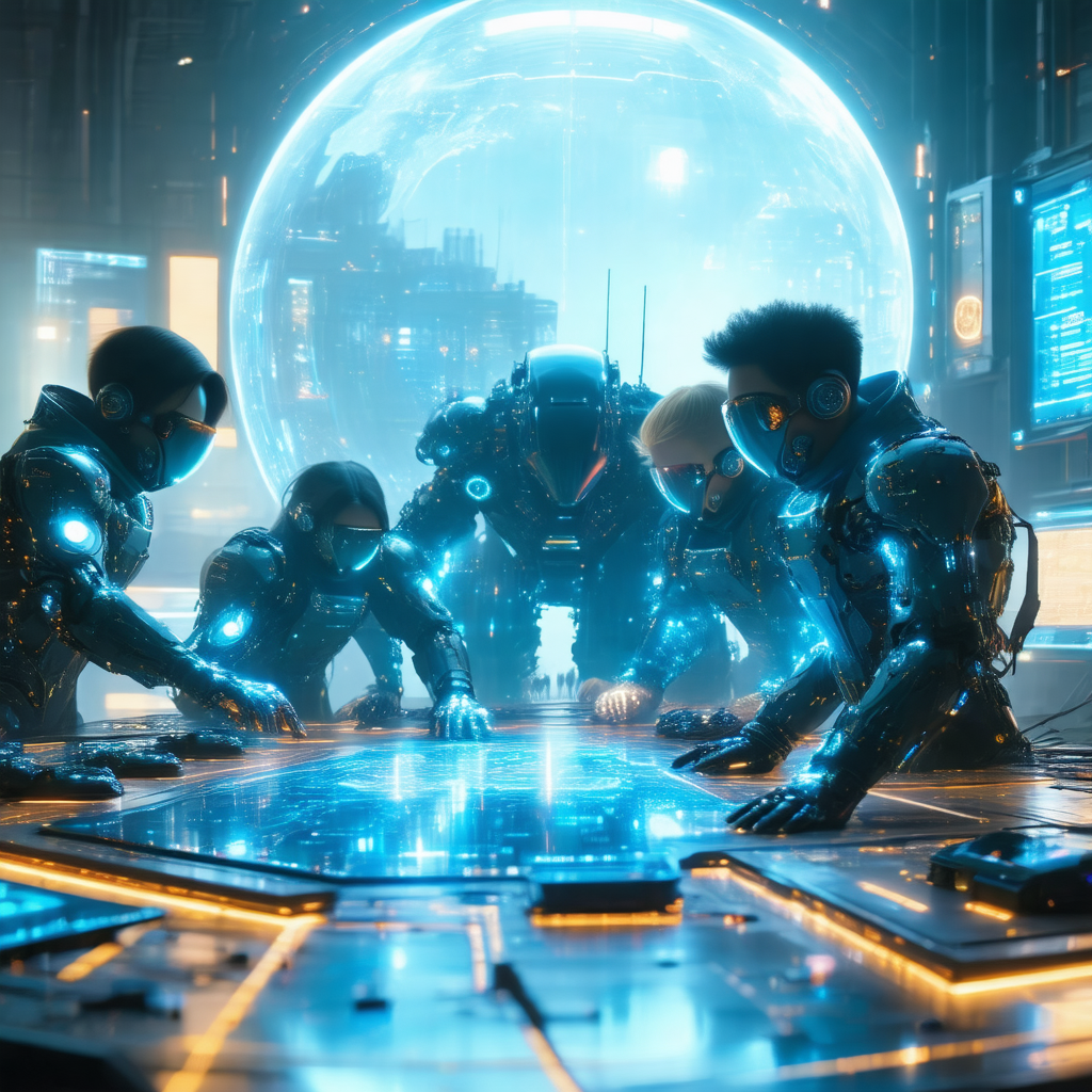 Group of people is gathered around a large, blue, illumin...