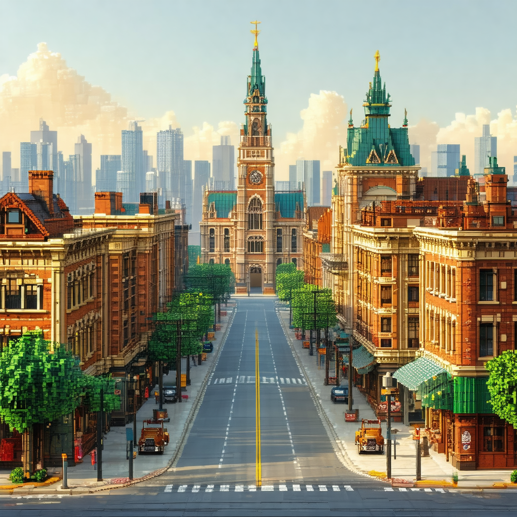 Computer-generated (cgi) depiction of a city street with ...