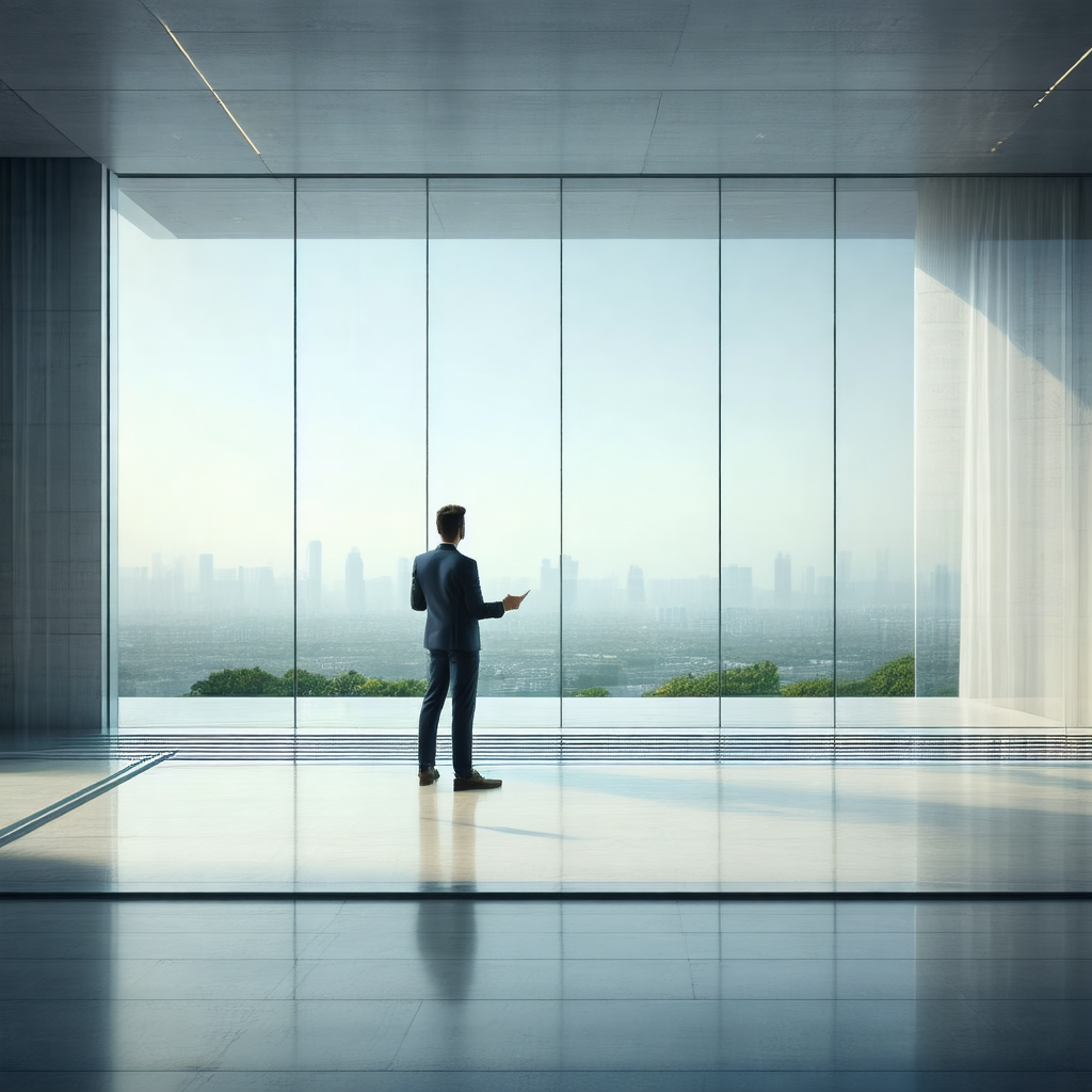Man standing in a large, open room with a panoramic view ...