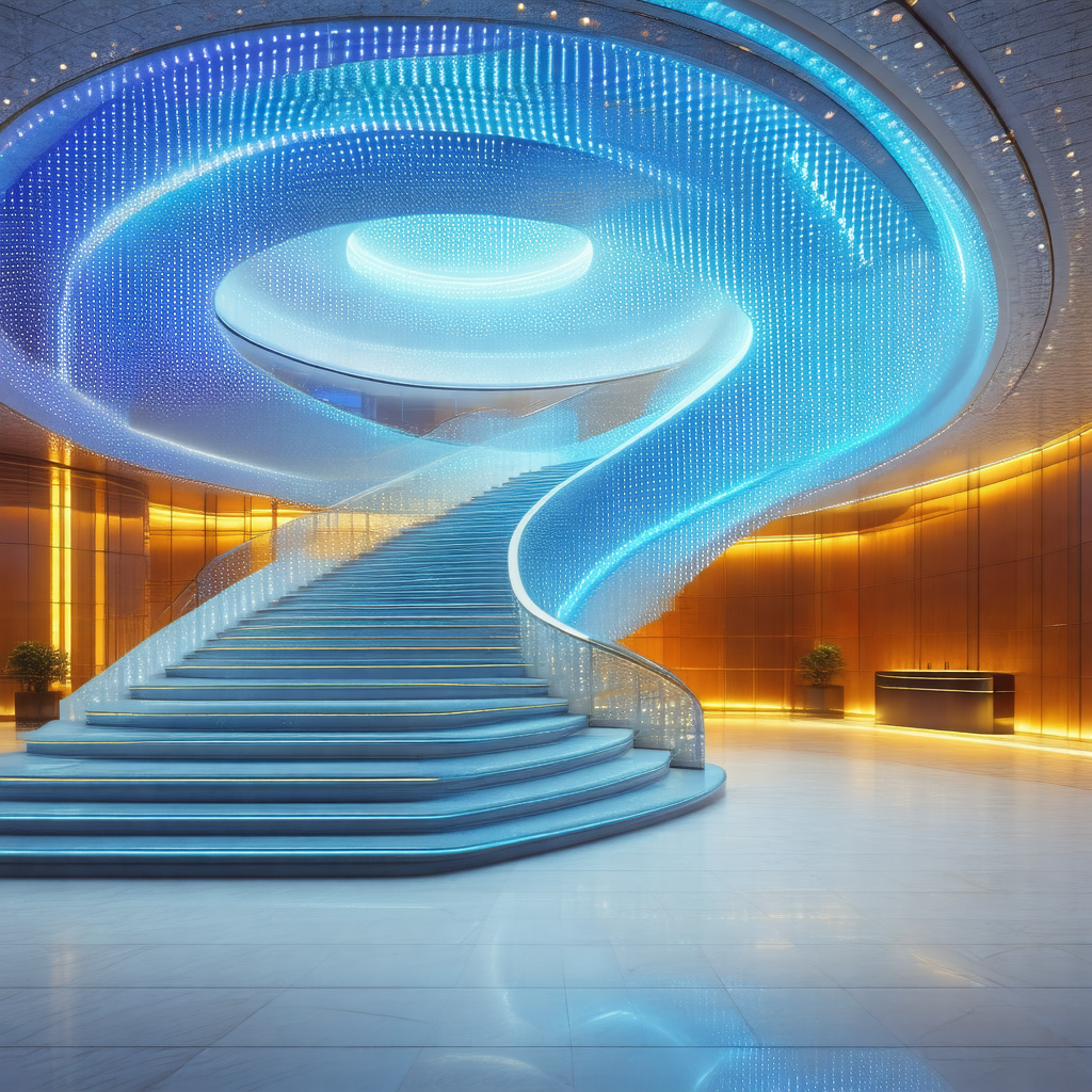 Large spiral staircase with a blue and white color scheme