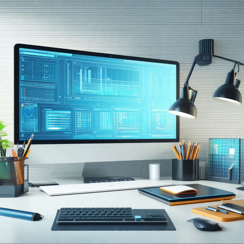 Desk with a computer monitor and keyboard placed on it