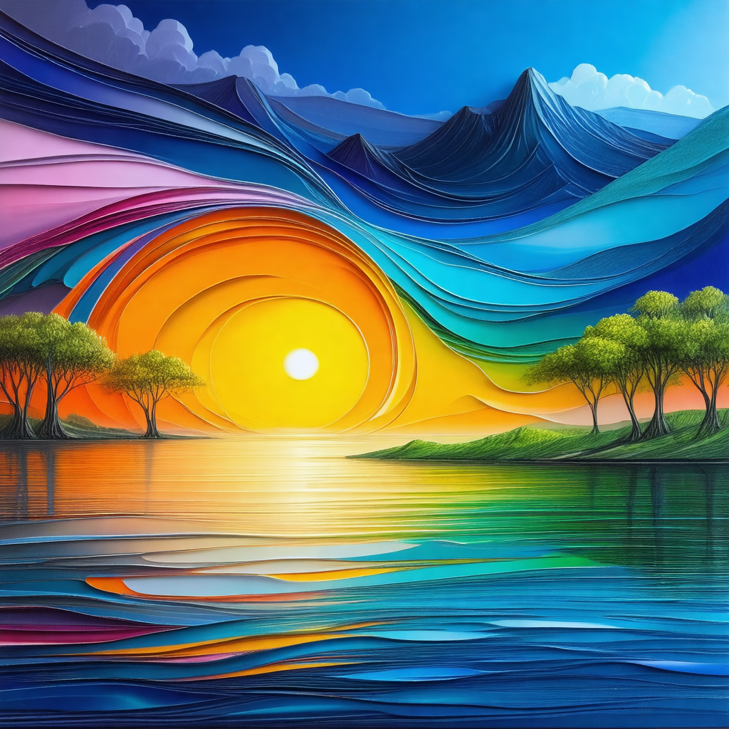 Beautiful sunset over a body of water, with a mountain ra...
