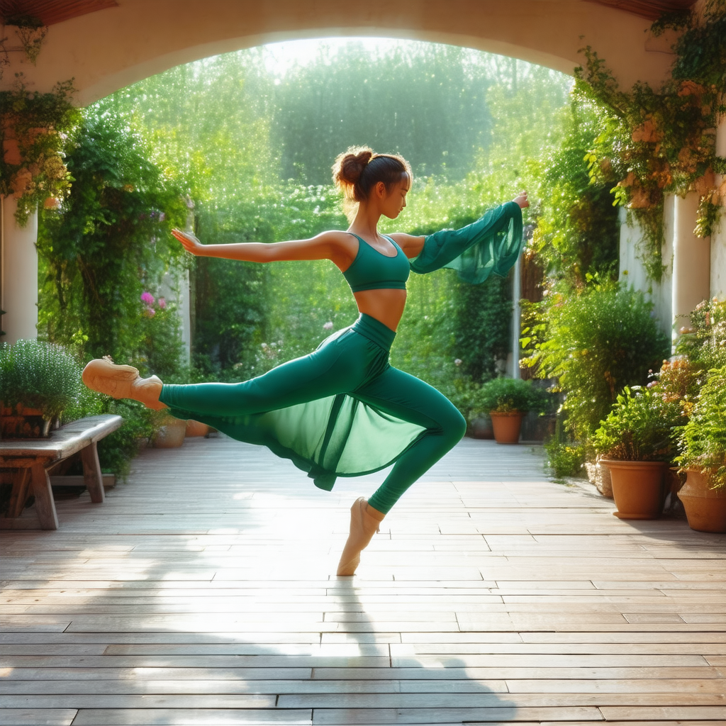 Woman in a green dress, performing a ballet dance on a wo...