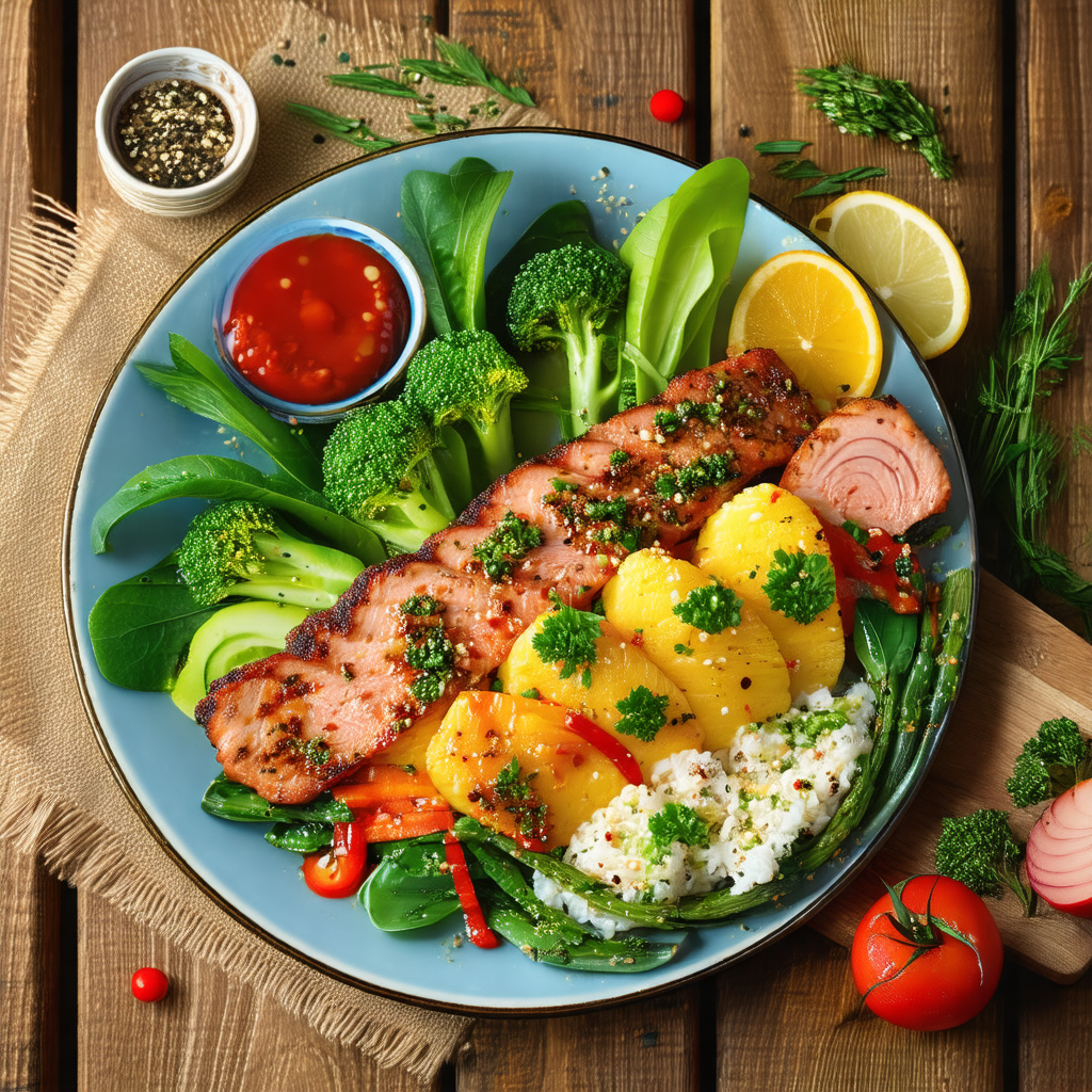 Blue plate filled with a variety of food items