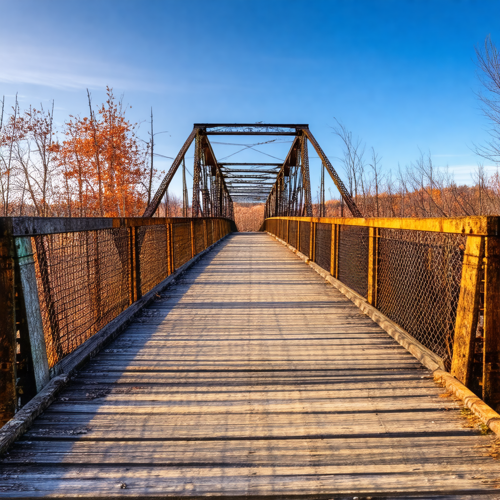 Long, narrow bridge with a metal railing