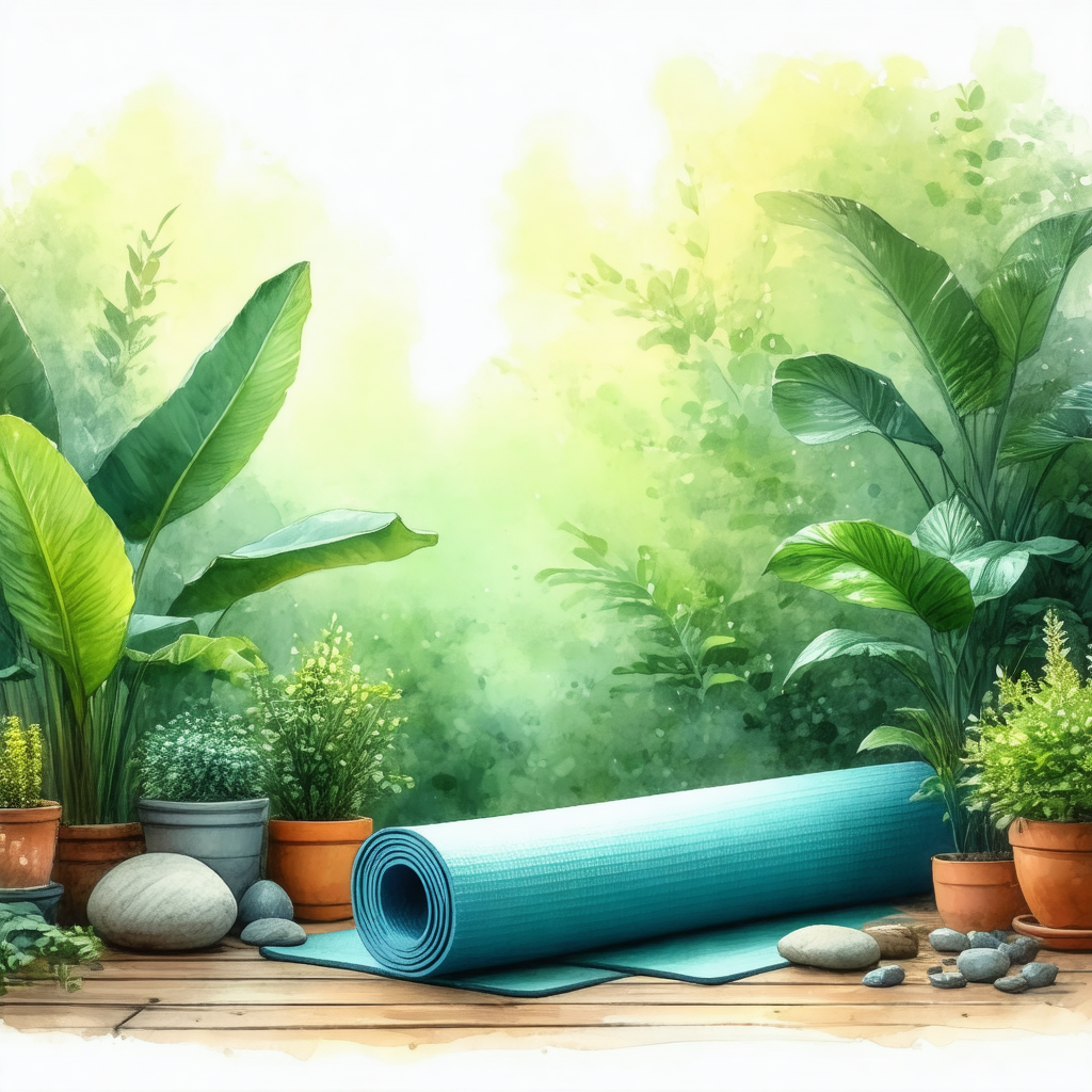 Blue yoga mat placed on a wooden deck, surrounded by vari...