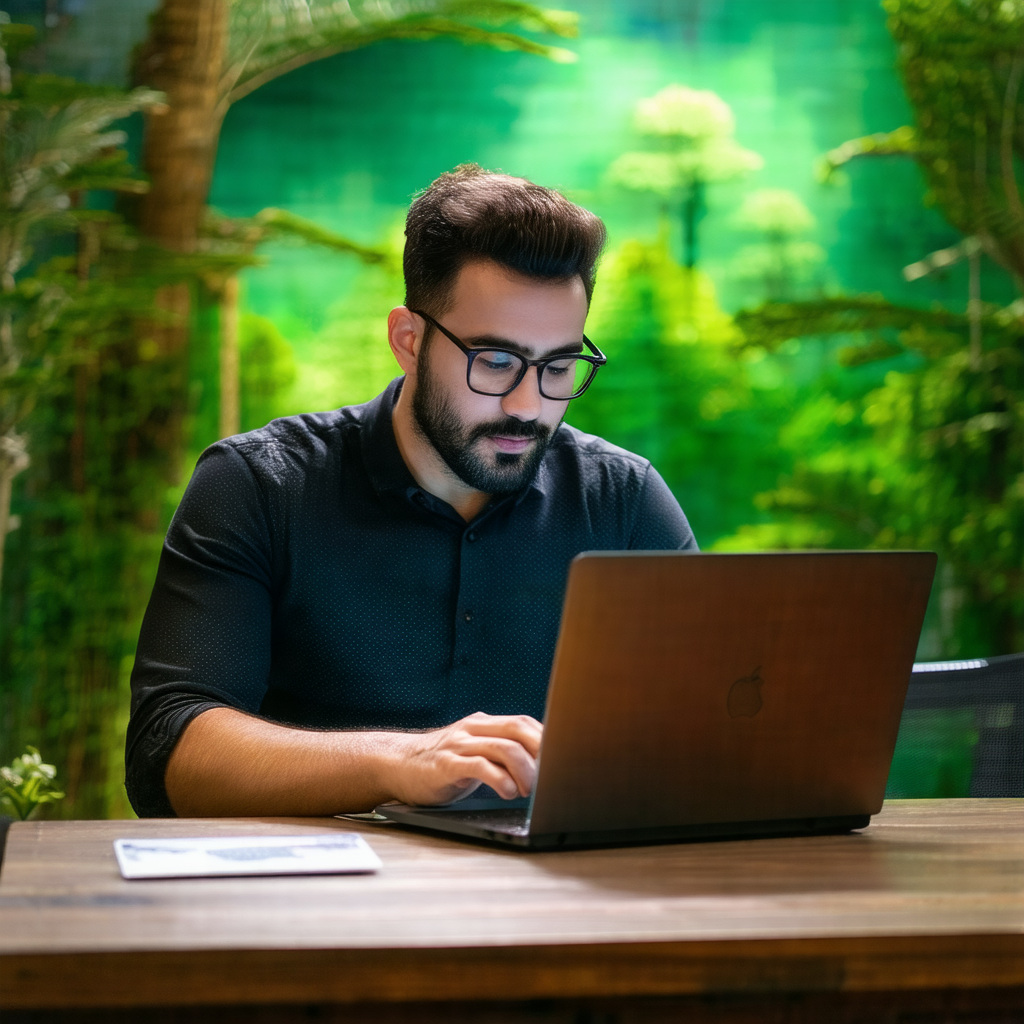 Man sitting at a desk, working on a laptop computer