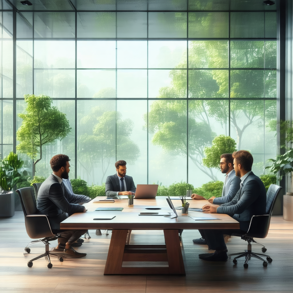 Group of four men sitting around a large wooden table in ...