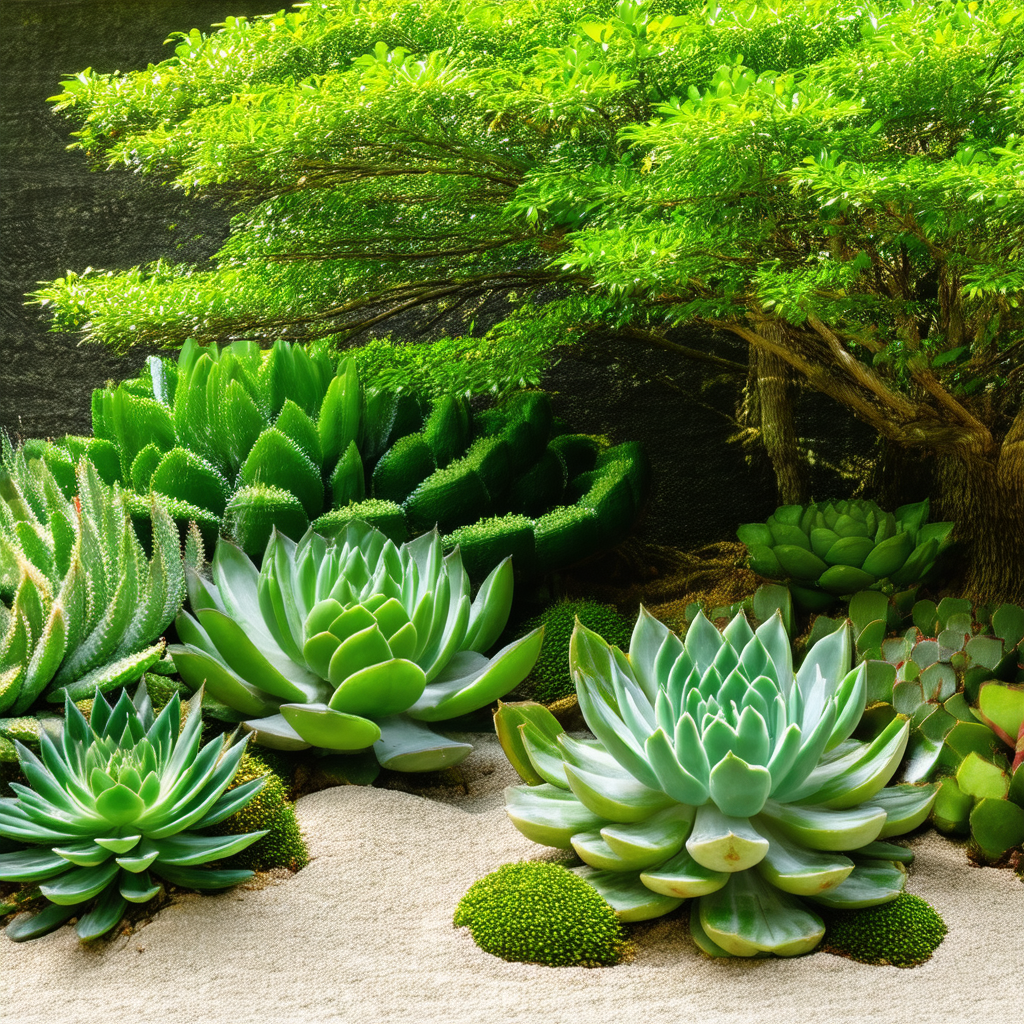Garden with a variety of green plants, including cacti an...