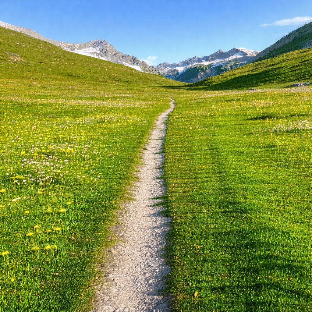 Trail in a lush green field, surrounded by mountains