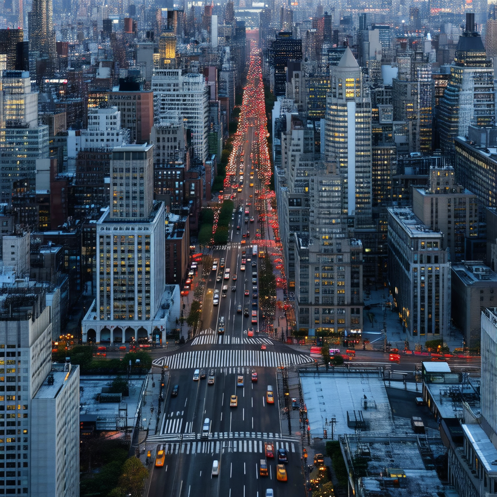 Black and white photo of a busy city street at night