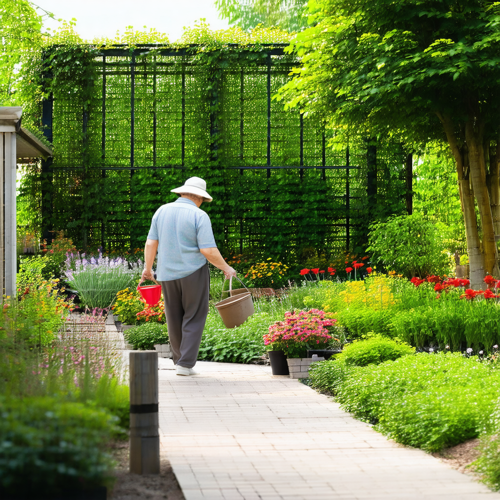 Man walking down a path in a garden, carrying a red bucket