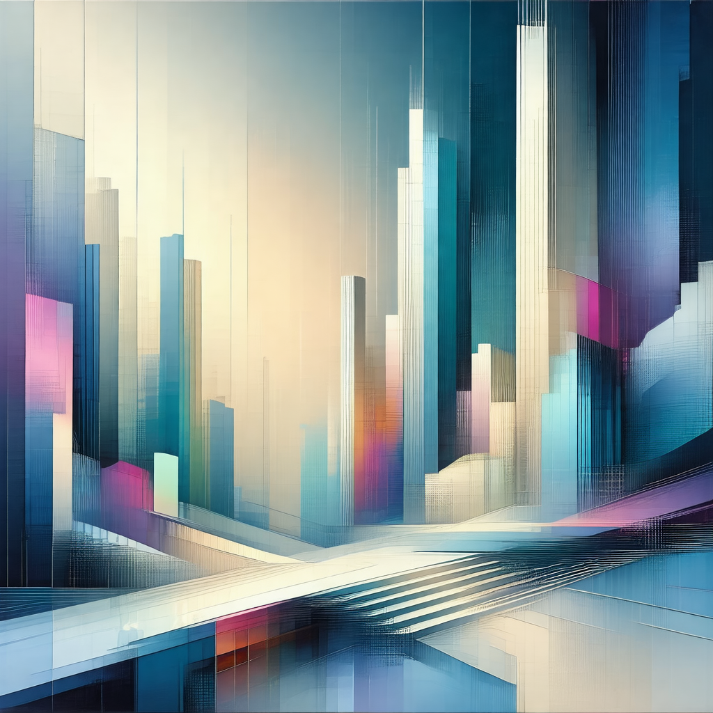 Painting of a cityscape, featuring a large building with ...