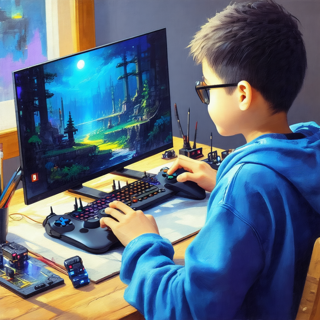 Young boy sitting at a desk, focused on playing a video g...