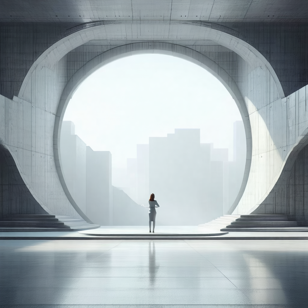 Woman standing in a large, open, and empty room