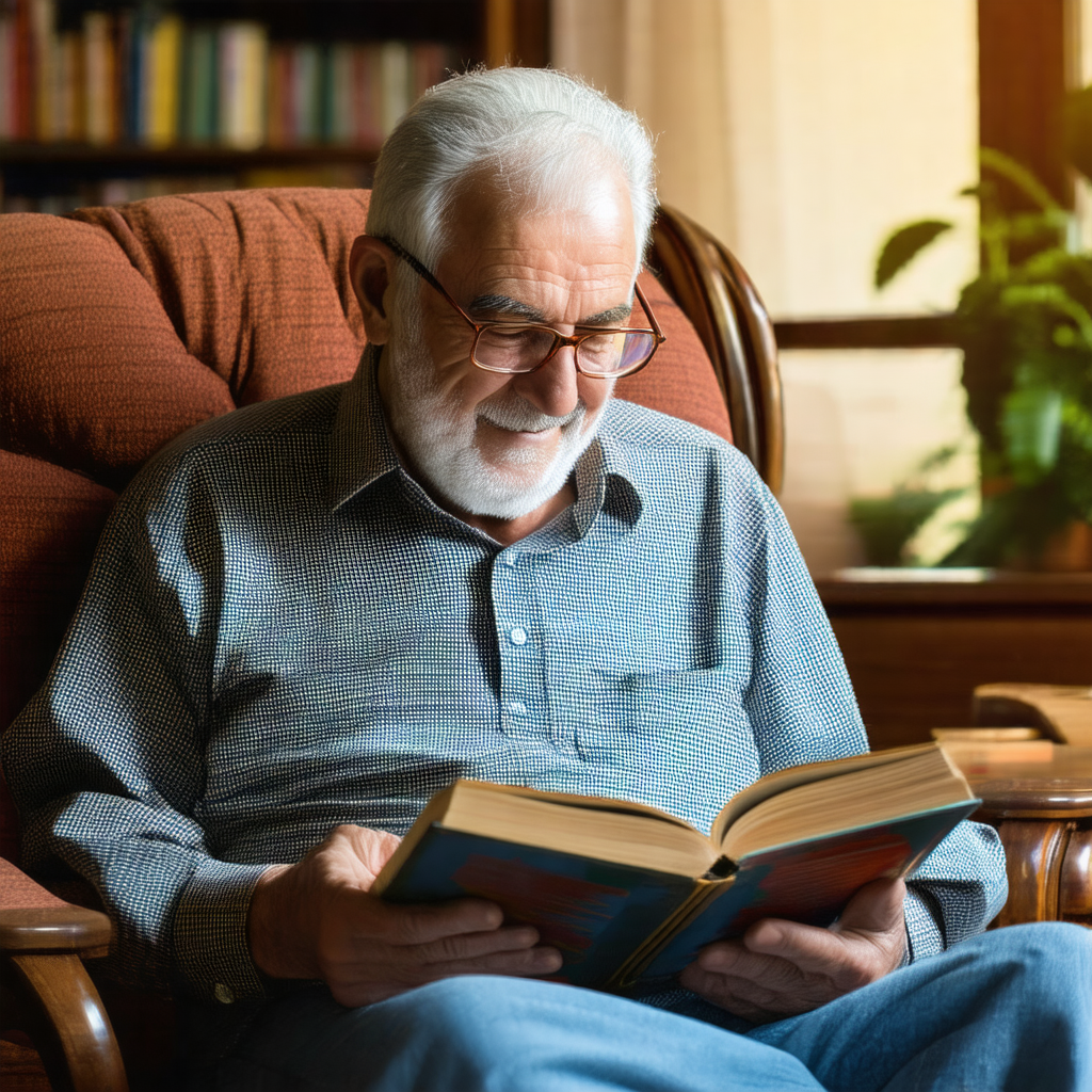 Older man sitting in a chair, reading a book
