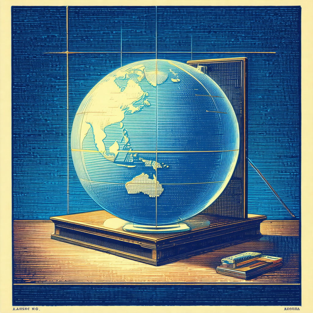 Large, blue, globe of the world, placed on a wooden stand