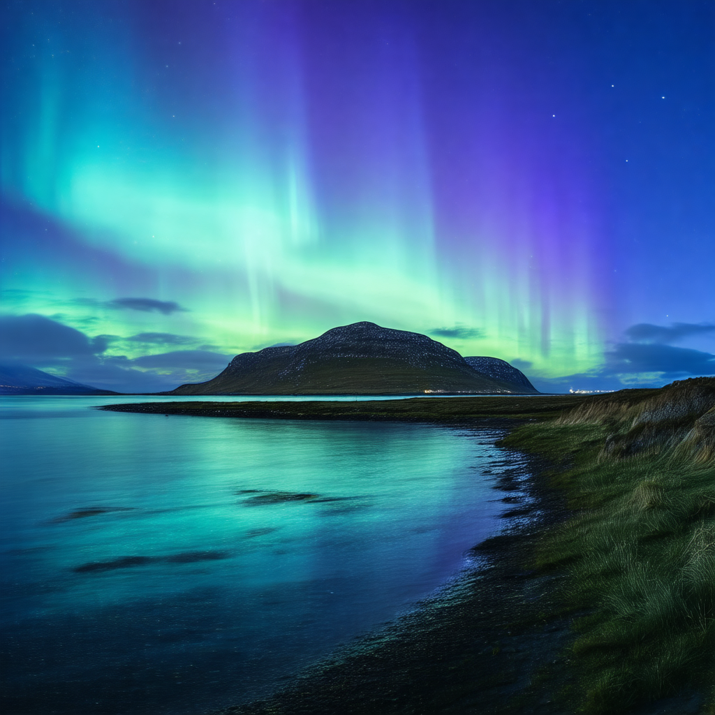 Captures a beautiful nighttime scene with a mountain in t...