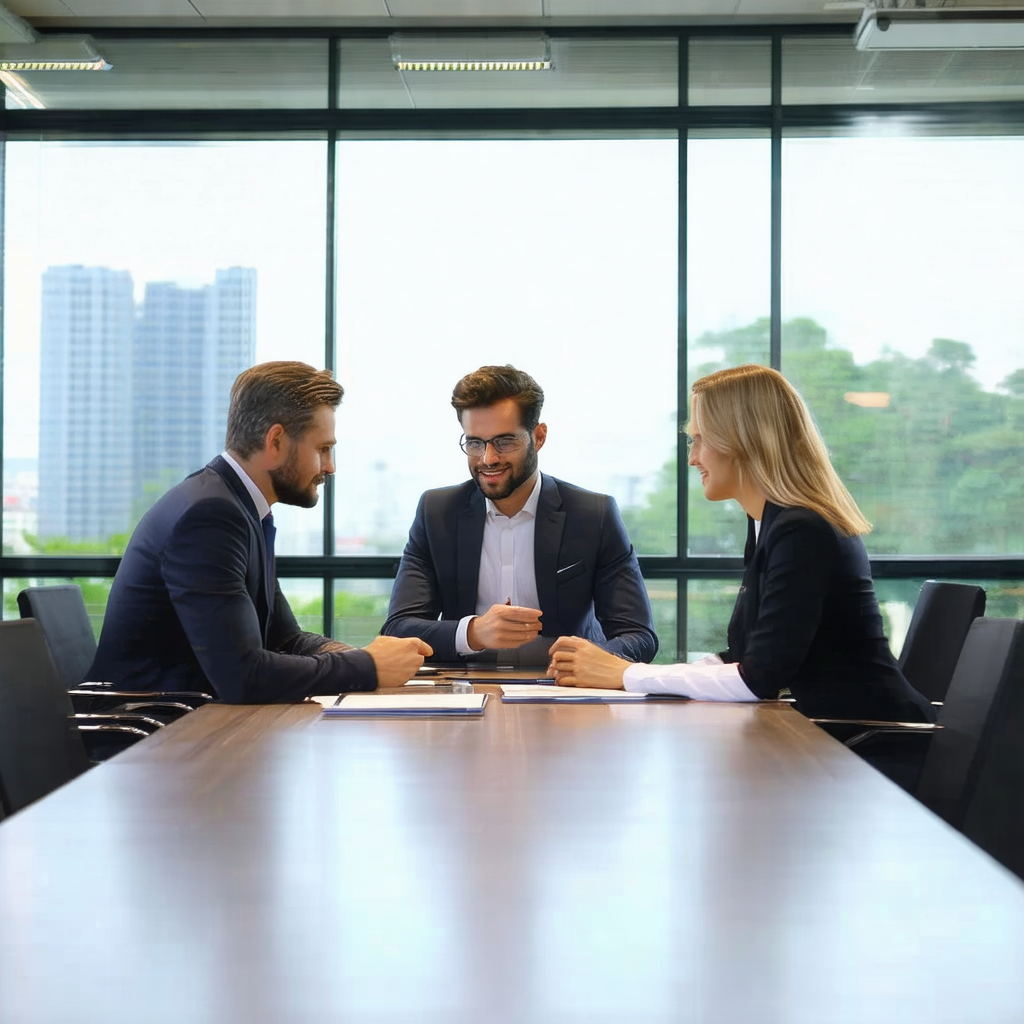 Group of three people sitting around a large wooden table...