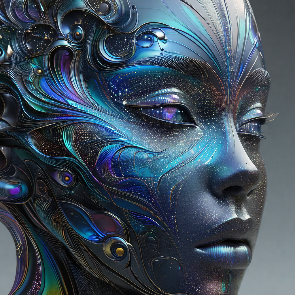 Futuristic, blue-skinned robot with a striking, colorful ...