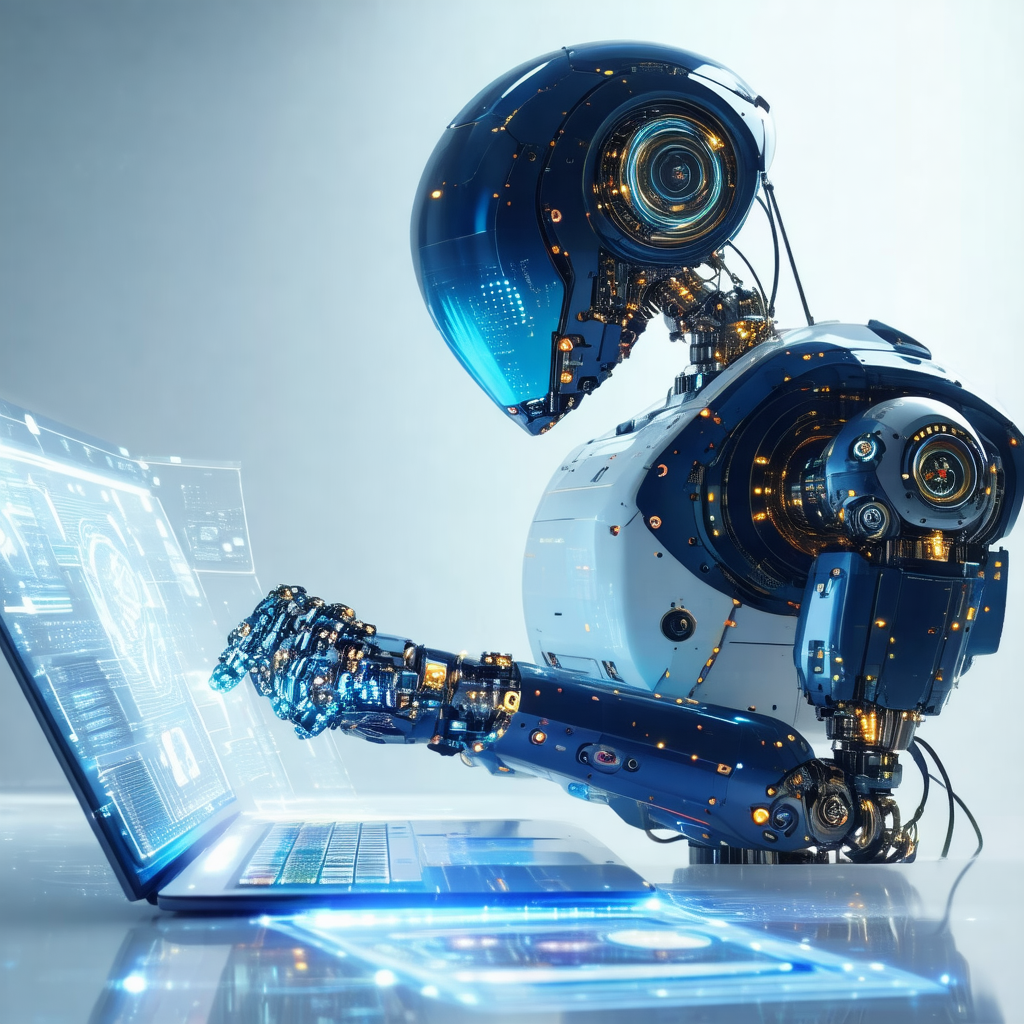 Robot with a blue and white color scheme, sitting in fron...