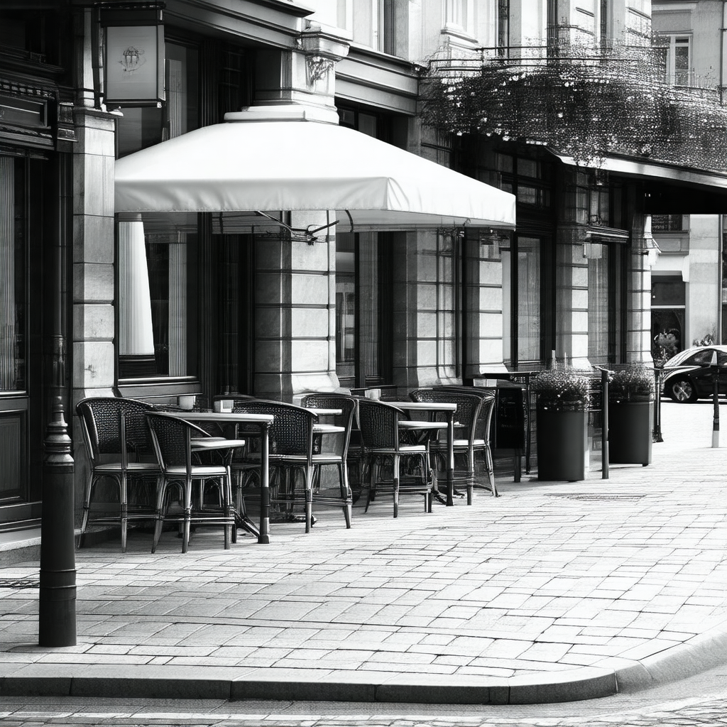City street with a row of tables and chairs set up outsid...