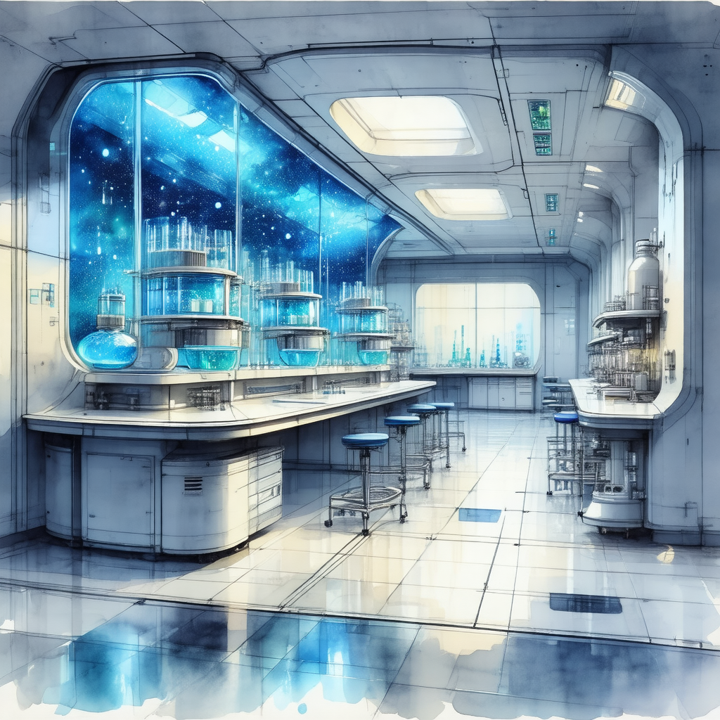 Blue and white drawing of a laboratory, featuring a large...