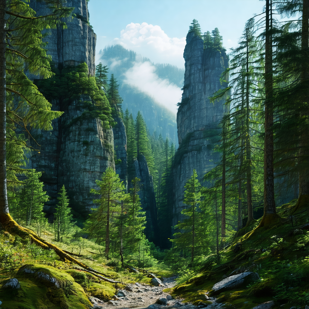 Lush green forest with a small stream running through it