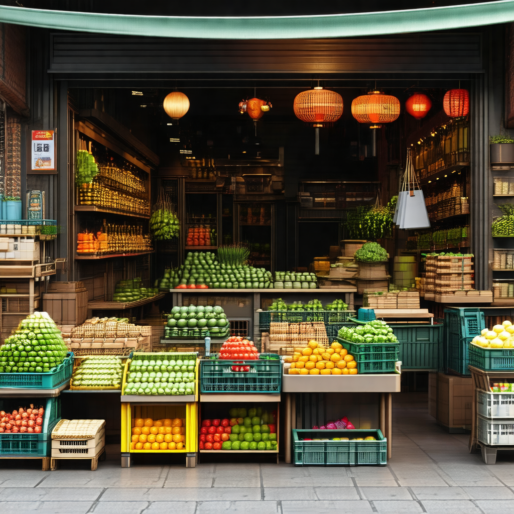 Store with a large display of fresh fruits and vegetables