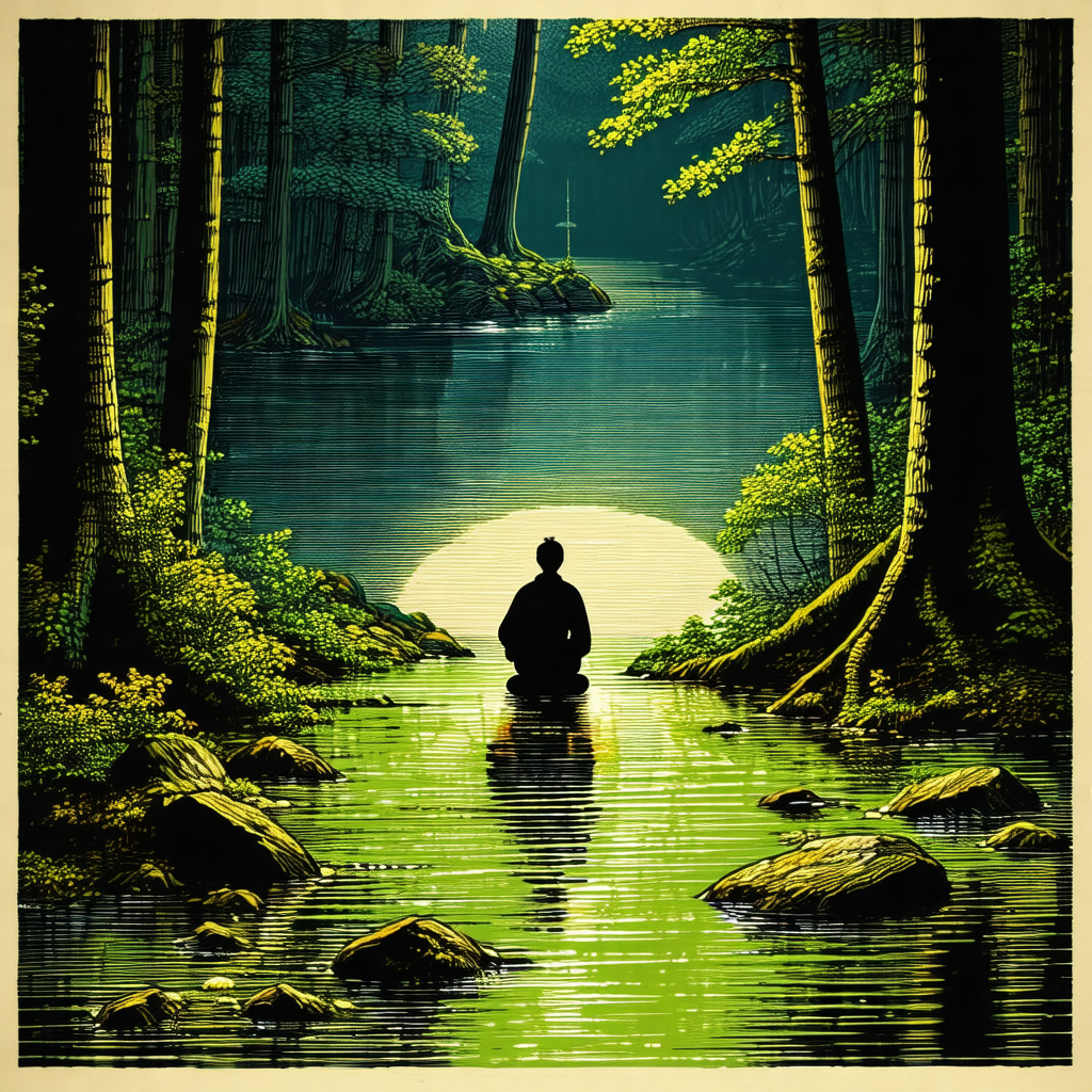 Man sitting in a boat on a river, surrounded by a serene ...