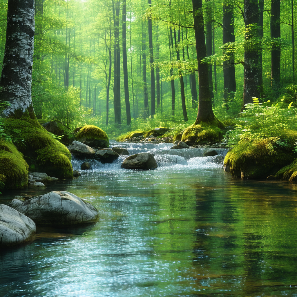 Serene scene of a small stream flowing through a forest