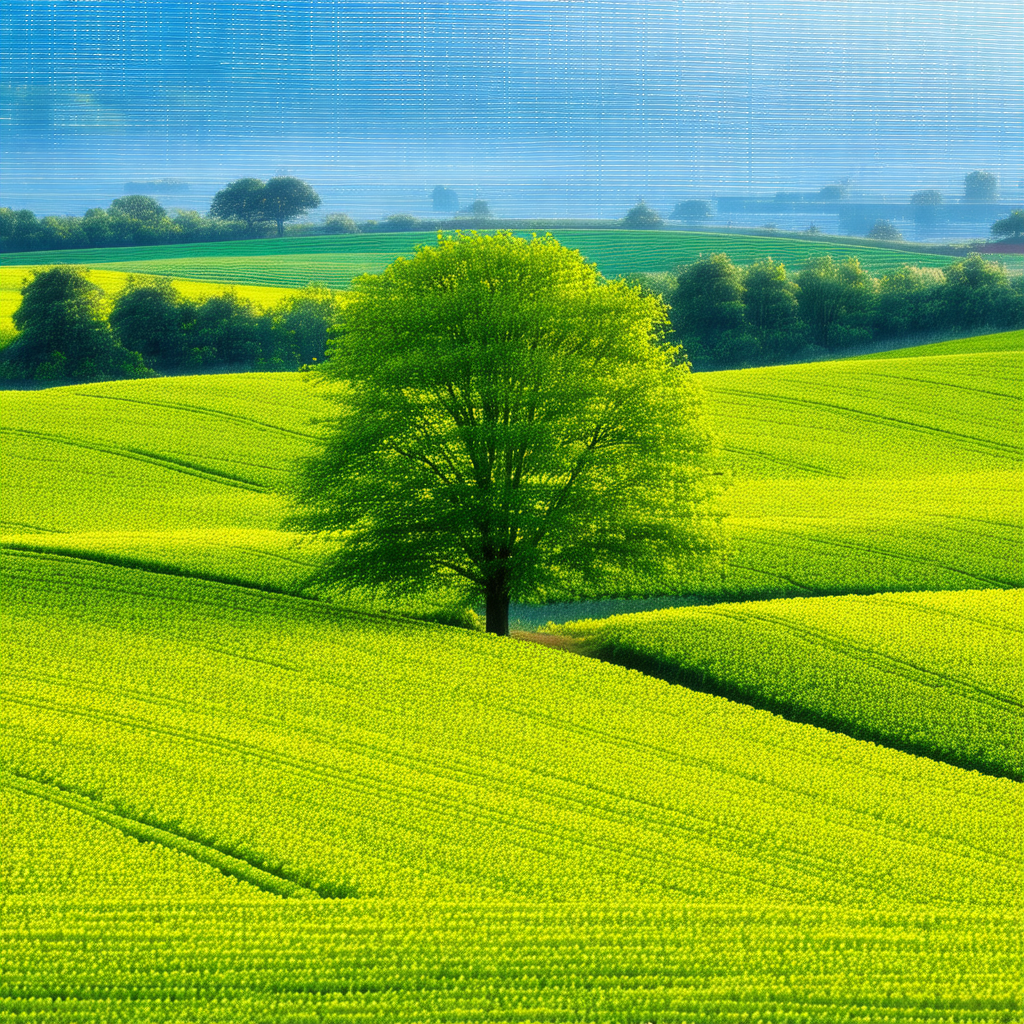 Lush green field with a single tree standing out in the m...