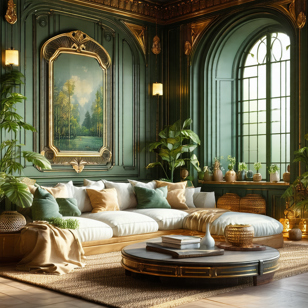 Large, ornate living room with a green color scheme