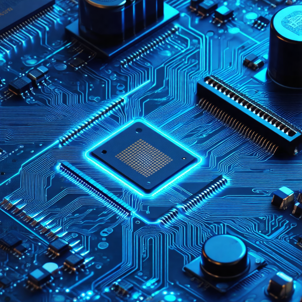Close-up of a computer circuit board with a blue glow