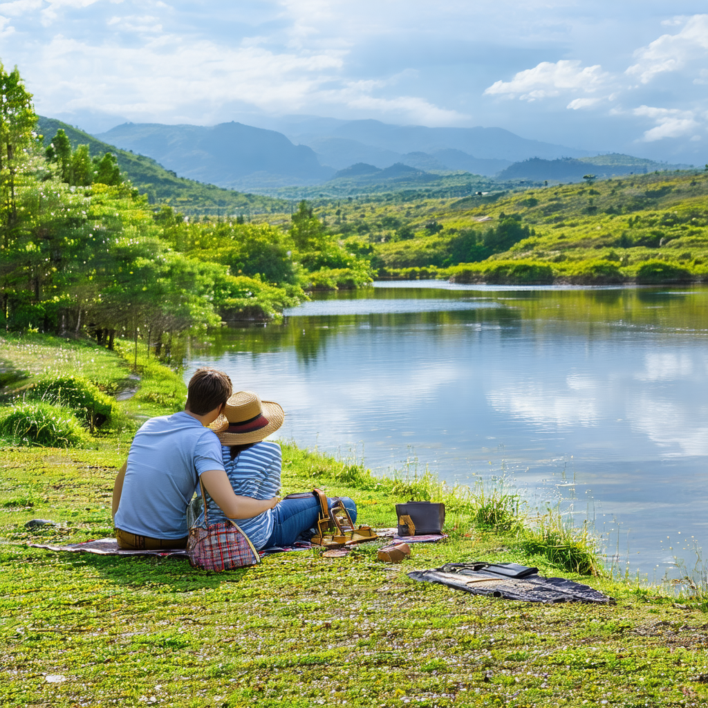 Man and a woman sitting on the grass near a lake, enjoyin...