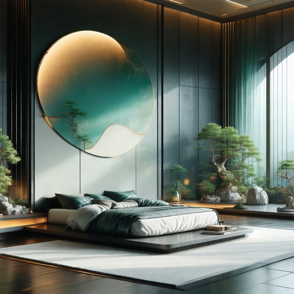 Large bedroom with a bed placed in the center of the room